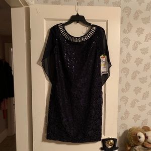 Navy Blue Lace Dress With Attached Cape